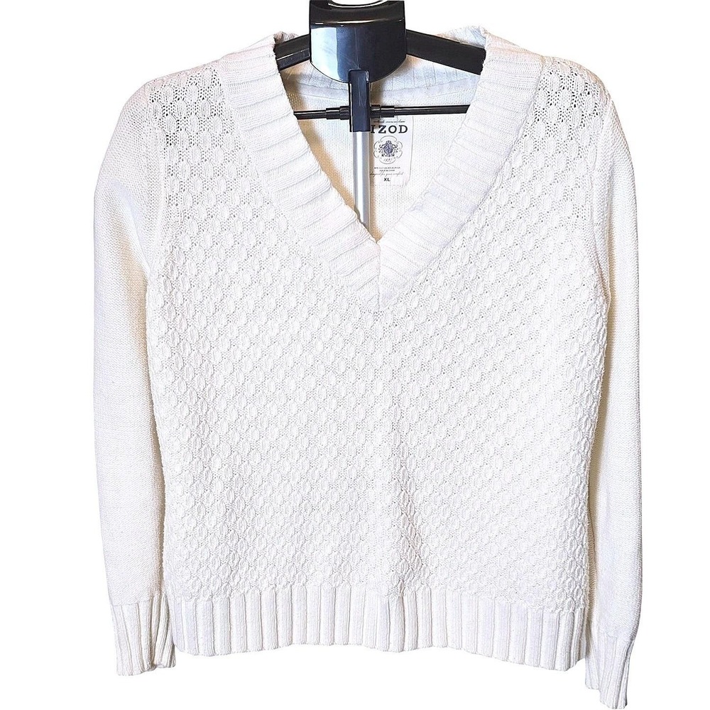 Vintage 90s 2000 Izod Womens XL V Neck Sweater Ivory White‎ Textured Pullover - Picture 2 of 5